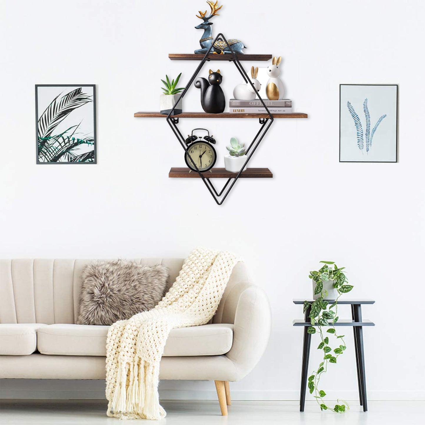 3 Tier Industrial Geometry Wood Floating Shelf Hanging Wall Mounted Unit