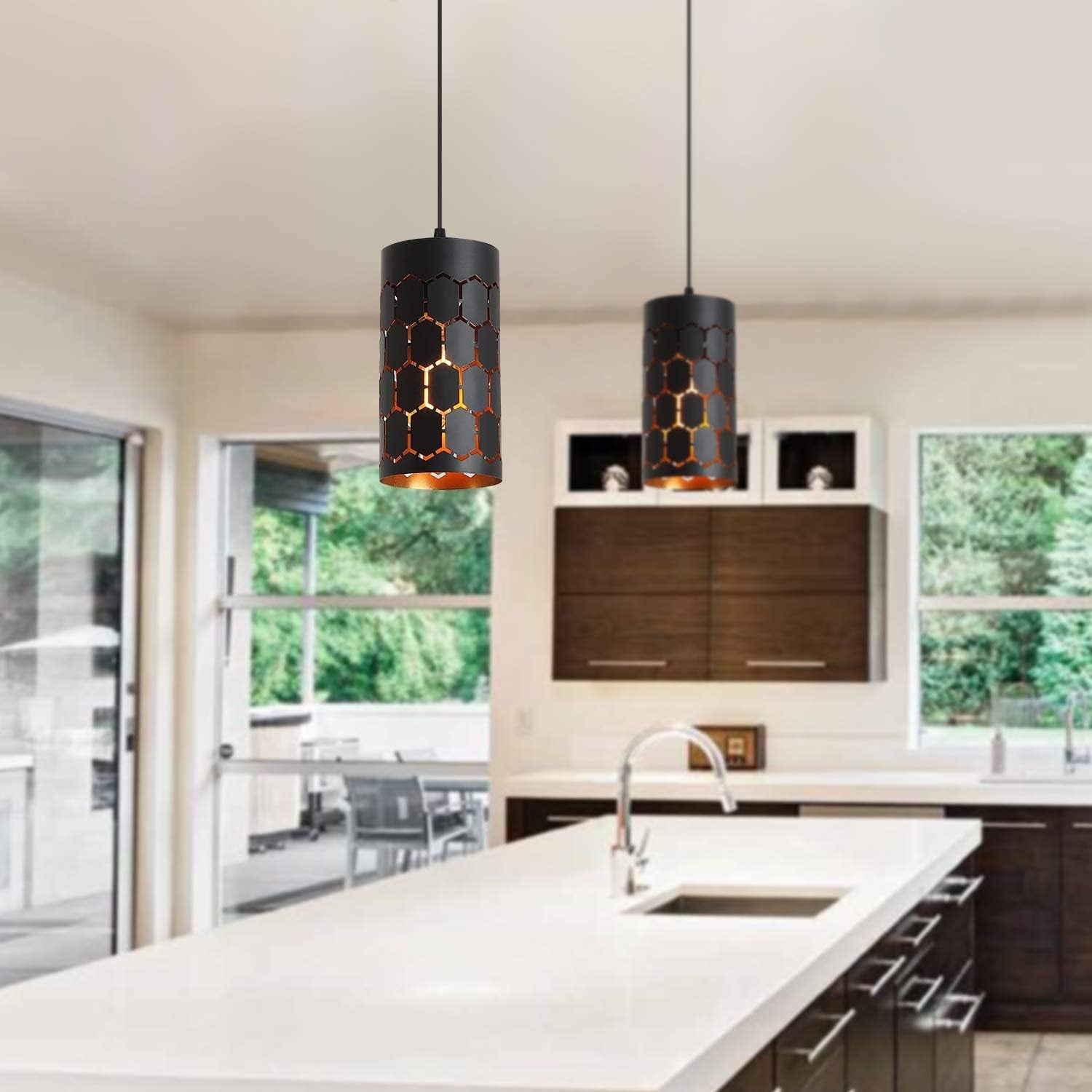 Contemporary Black Pendant Light with Cylindrical Metal Cage 