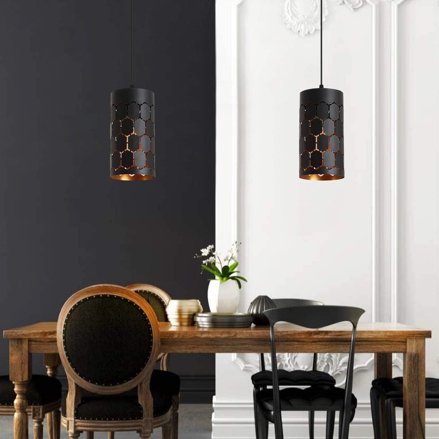 Contemporary Black Pendant Light with Cylindrical Metal Cage 