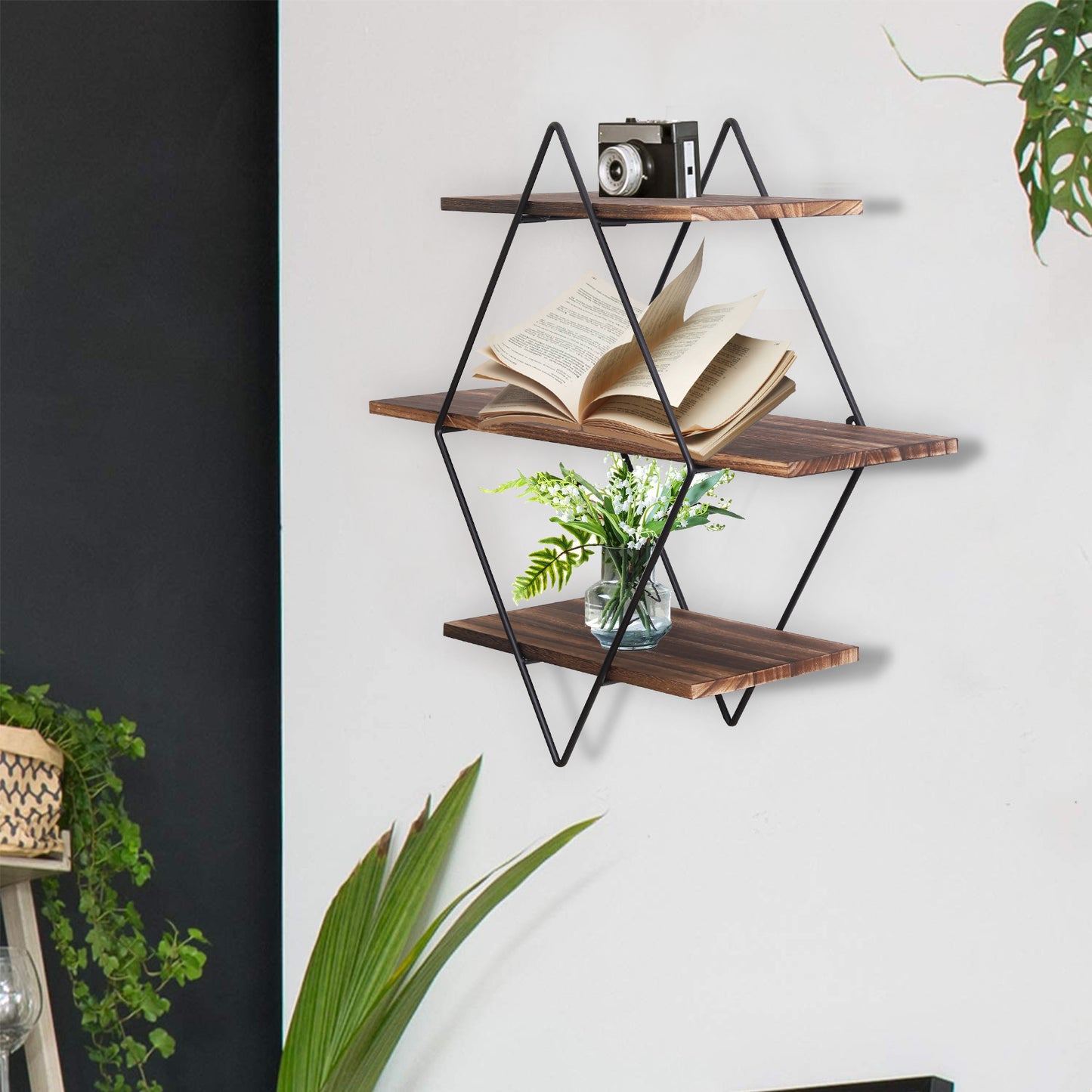 3 Tier Industrial Geometry Wood Floating Shelf Hanging Wall Mounted Unit