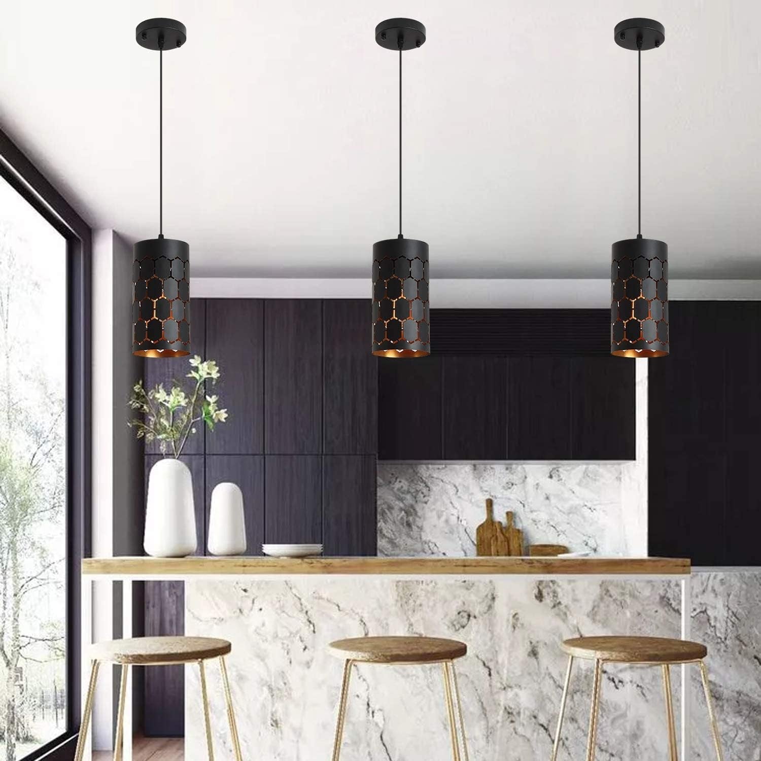 Contemporary Black Pendant Light with Cylindrical Metal Cage 