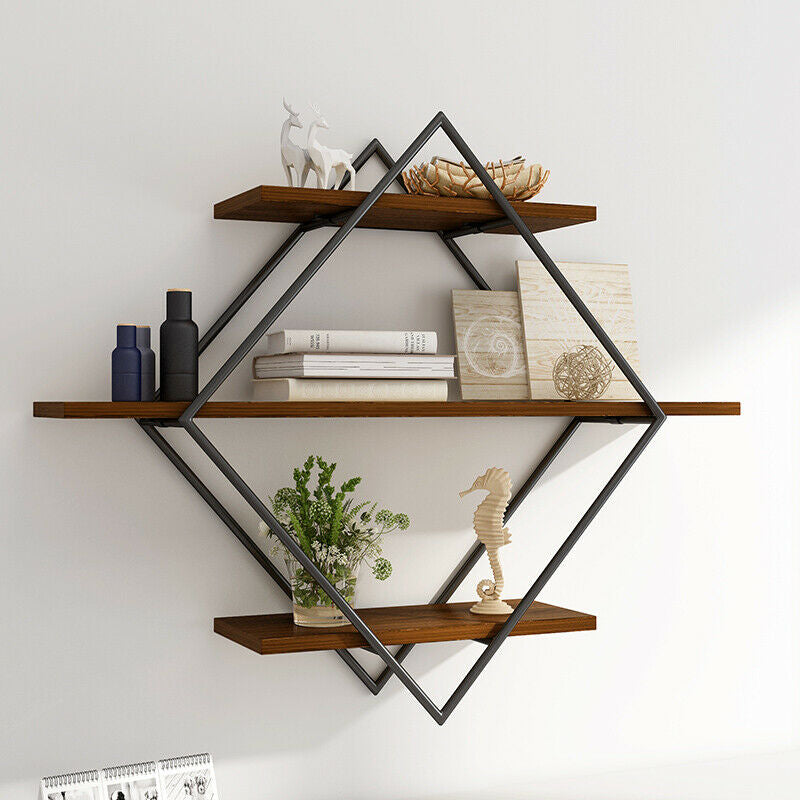 3 Tier Industrial Geometry Wood Floating Shelf Hanging Wall Mounted Unit