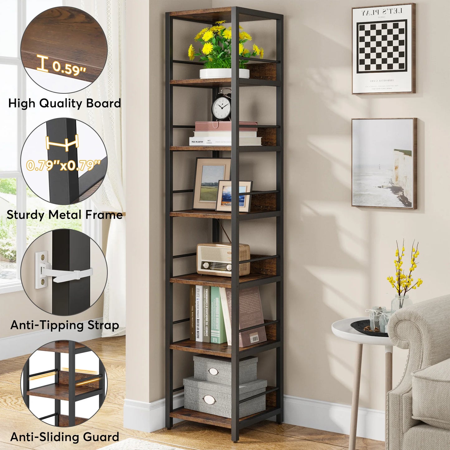 6 Tier Narrow Wooden Style Bookshelf Storage Rack 