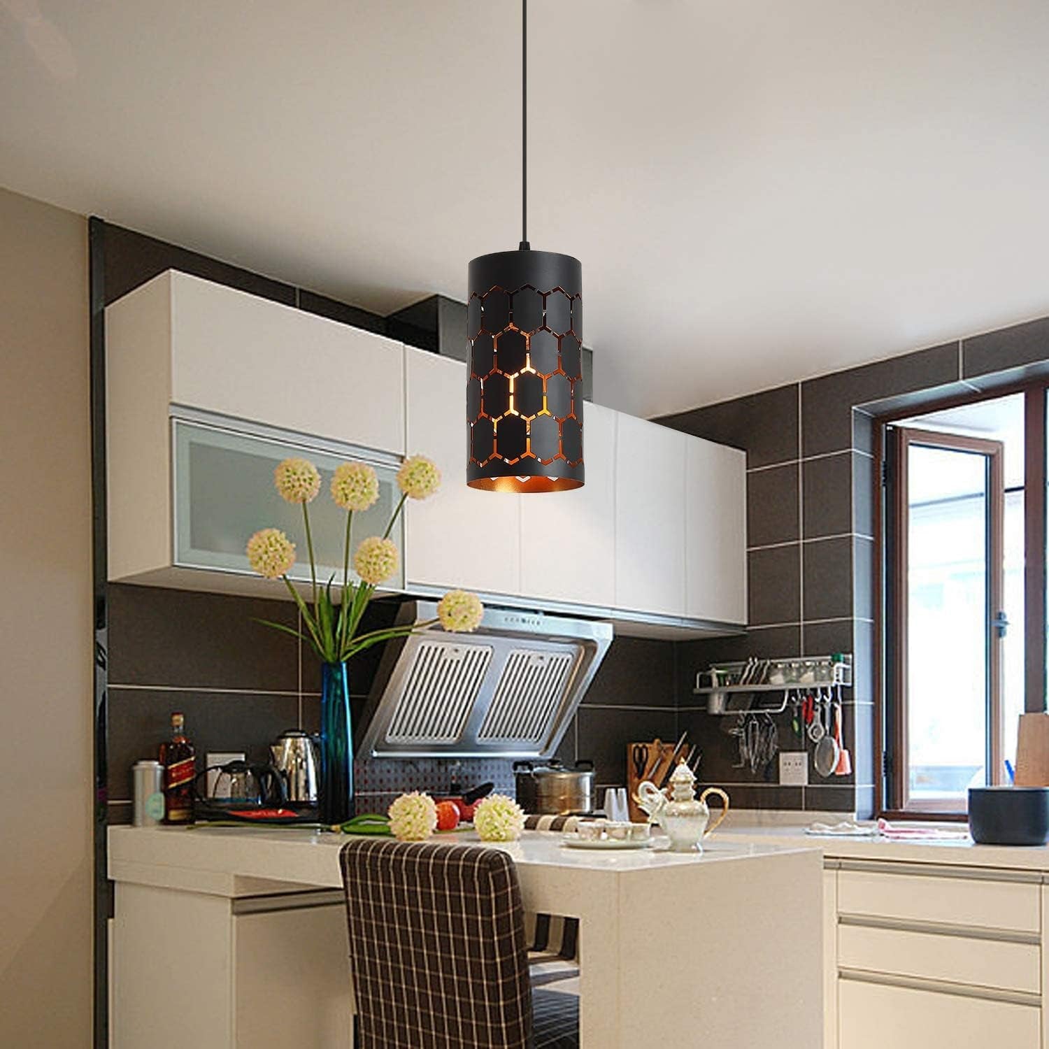 Contemporary Black Pendant Light with Cylindrical Metal Cage 