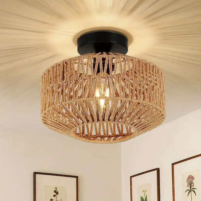 Rattan Woven Pendant Flush Light Fixture 