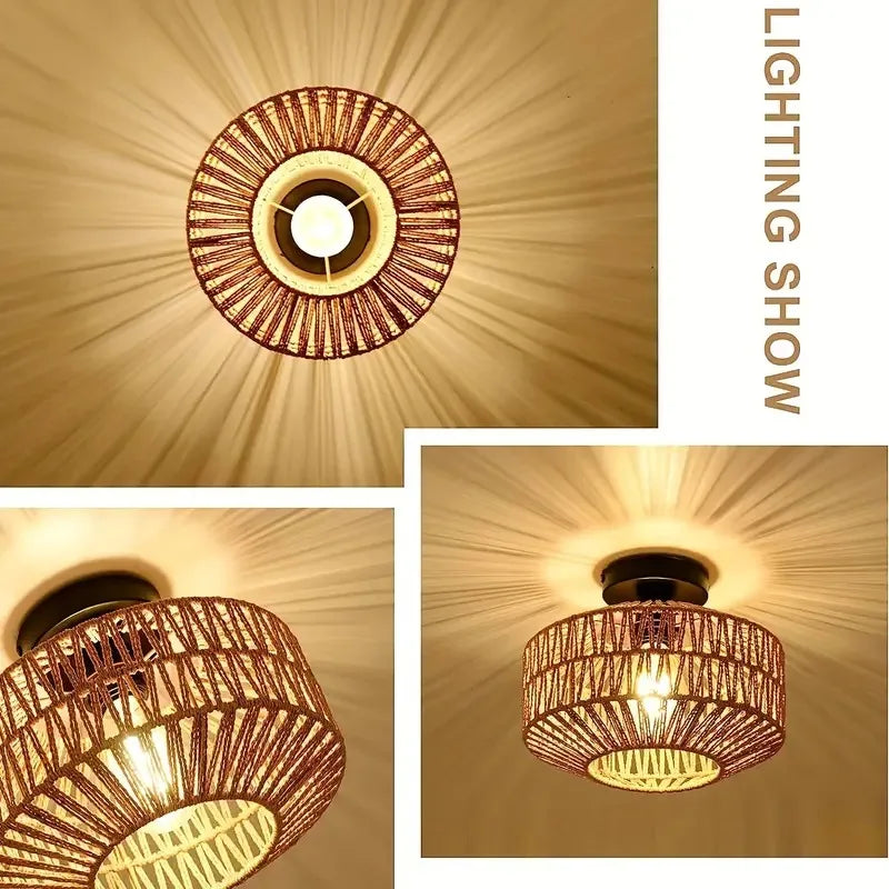 Rattan Woven Pendant Flush Light Fixture 