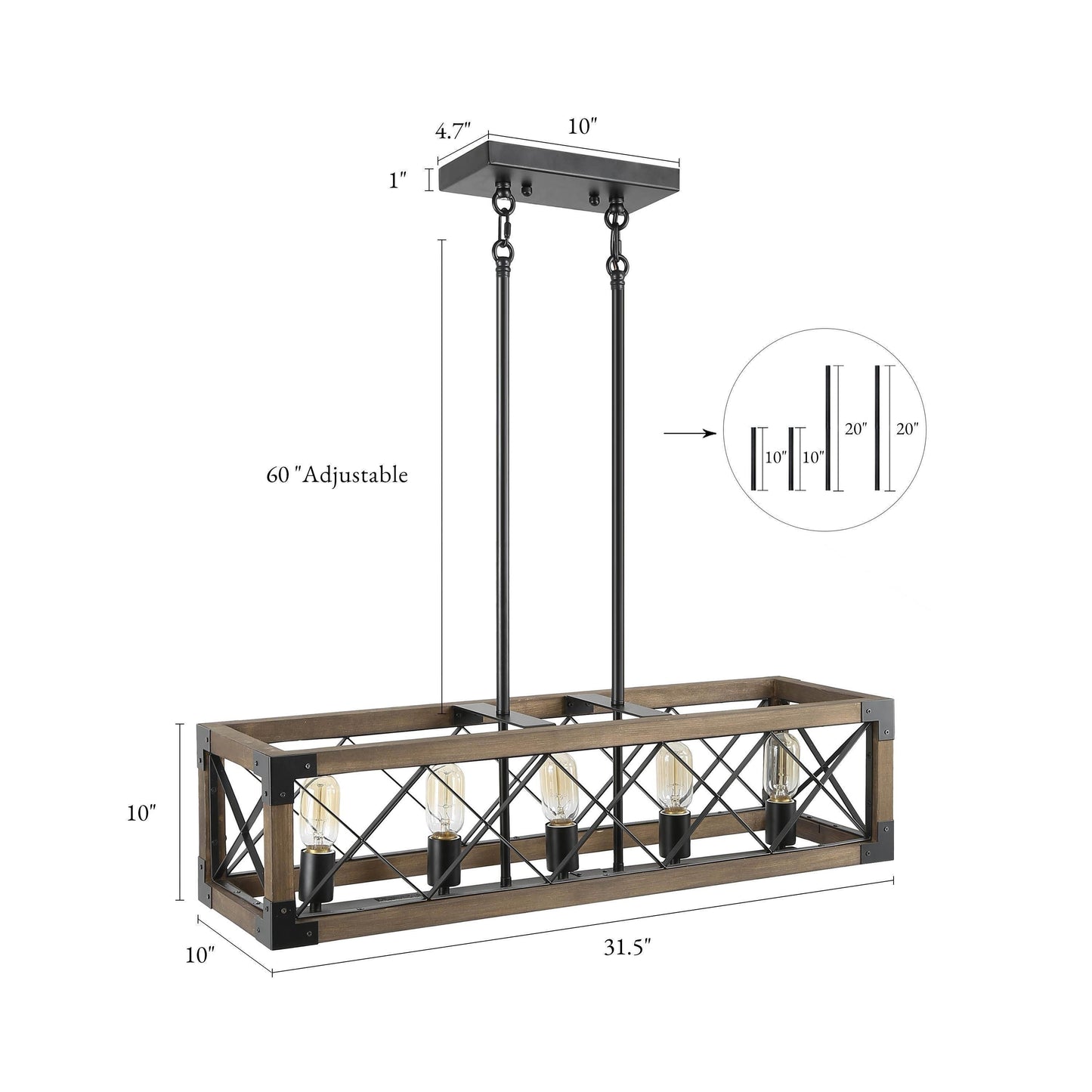 Farmhouse 5-Light Modern Wood Chandelier Rustic Rectangle Style