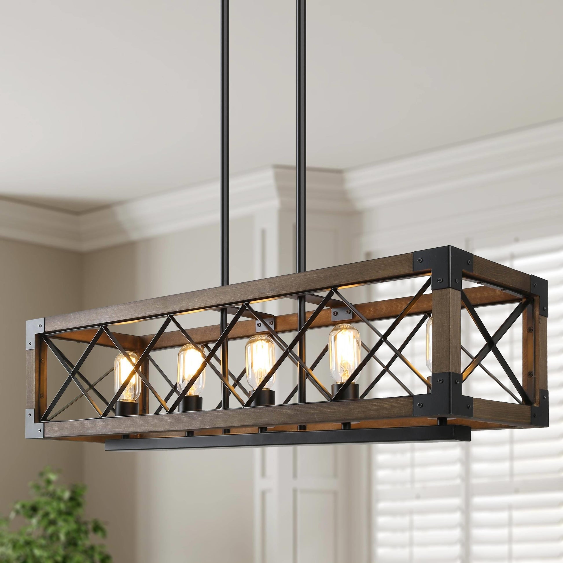 Farmhouse 5-Light Modern Wood Chandelier Rustic Rectangle Style